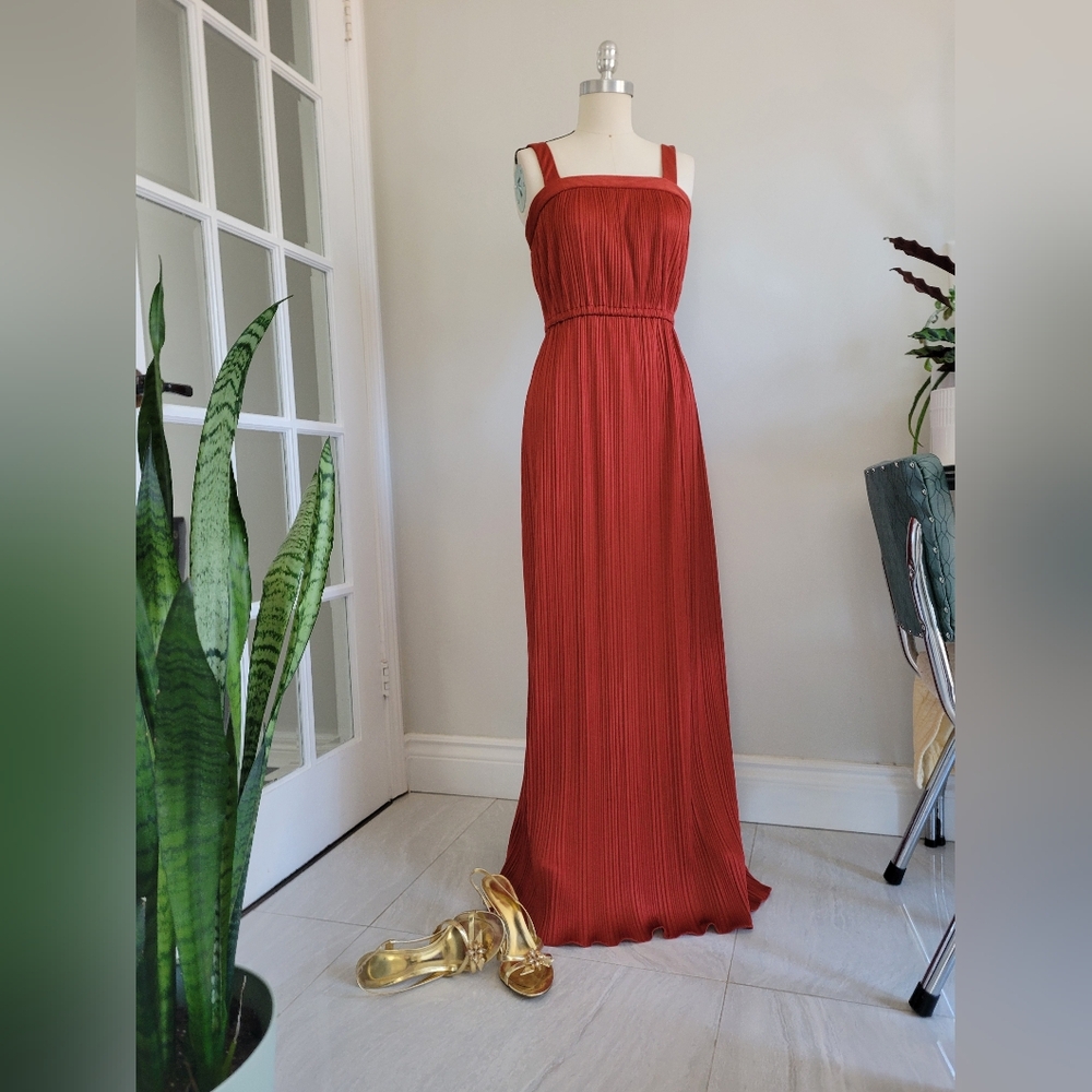 VINTAGE pleated floor length gown in burnt orange colour